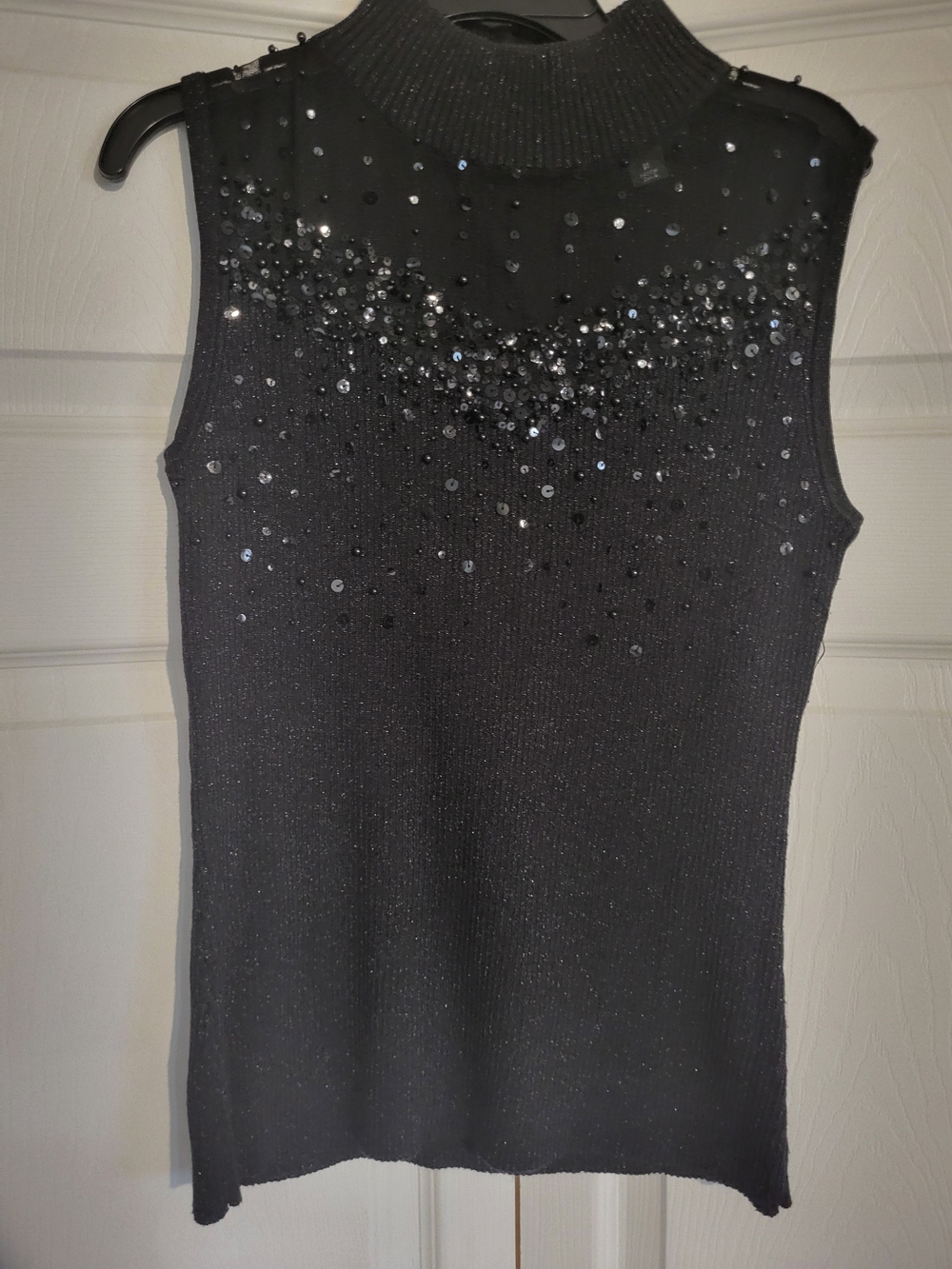 dressbarn Black Sleeveless Sequin Knit Mock Neck Tank